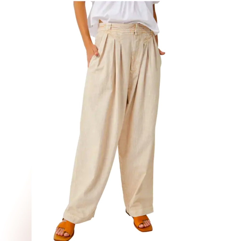 Free People Lotta Love Pleated Wide Leg Cotton Pants NWOT Size 6 Color Pebble